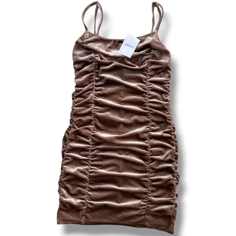 Forever 21 Womens L Taupe Brown Velvet Ruched Square Neck Bodycon Mini Dress NWT
